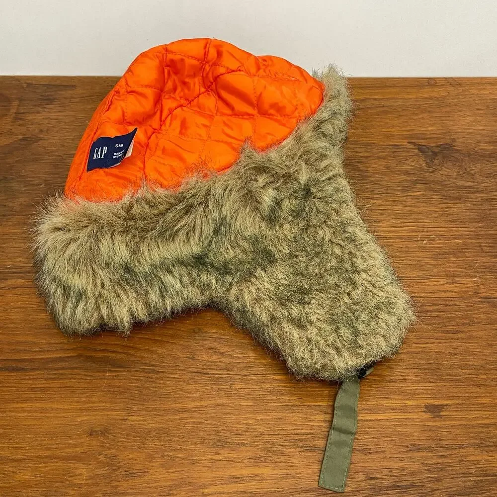 GAP Quilt Lined Tan Trapper Hat Faux Fur Accent Ear‎ Flaps Fudd Cap Unisex S / M
